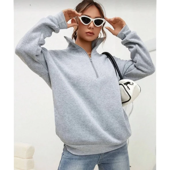 Unisex Uzun Kol Yarım Farmuarlı Yakalı Basic SweatShirt - Gri
