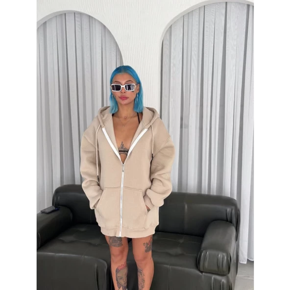 Oversize Tam Fermuarlı Uzun Kol Hırka - Bej - 2