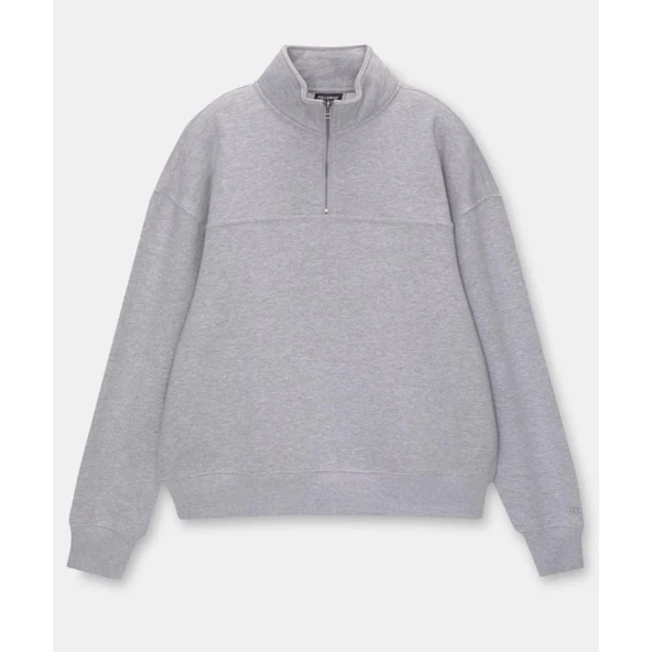 Oversize Yarım Farmuarlı Yakalı Basic SweatShirt - Gri - 2