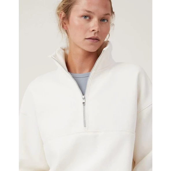 Oversize Yarım Farmuarlı Yakalı Basic SweatShirt - Beyaz - 4