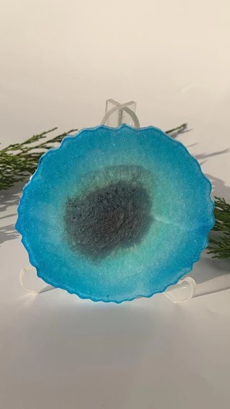 Parlak Deniz Mavi Yeşil Tonlu Siyah Simli Dalgalı Yuvarlak Şekil Epoksi Bardak Altlığı Hediyelik - 7