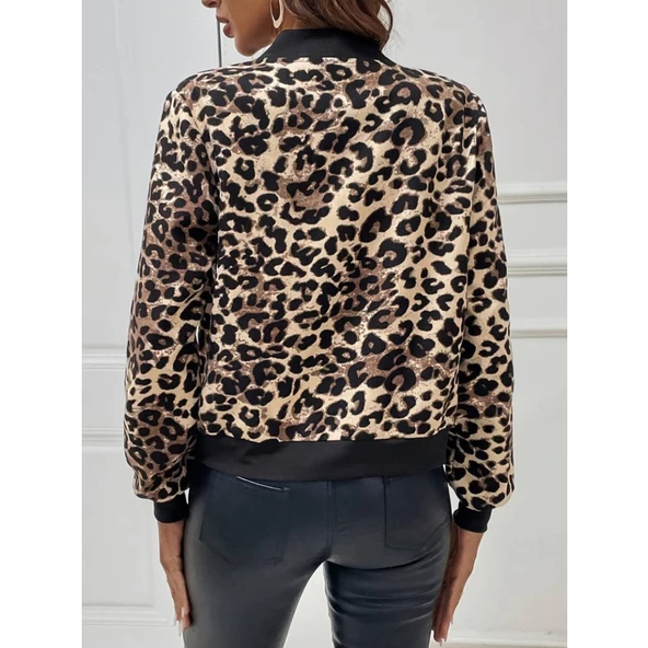 Lucky Life Kadın Uzun Kollu önden Fermuarlı Leopar Baskılı şardonlu Dalgıç Ceket - 3