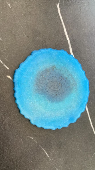 Parlak Deniz Mavi Yeşil Tonlu Siyah Simli Dalgalı Yuvarlak Şekil Epoksi Bardak Altlığı Hediyelik - 6