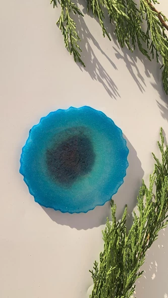 Parlak Deniz Mavi Yeşil Tonlu Siyah Simli Dalgalı Yuvarlak Şekil Epoksi Bardak Altlığı Hediyelik - 3