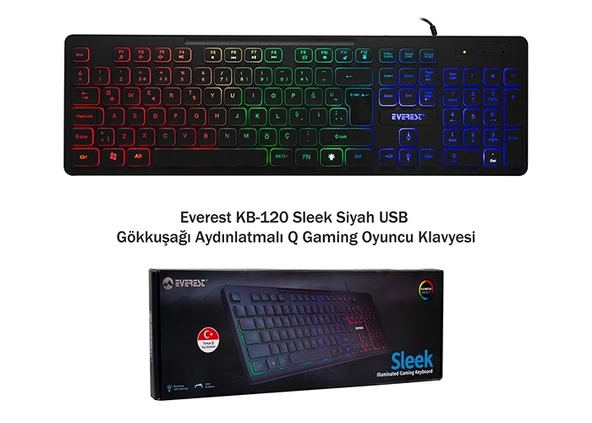 Klavye Q Oyuncu Gökkuşağı Aydınlatmalı Everest KB-120 Sleek Siyah