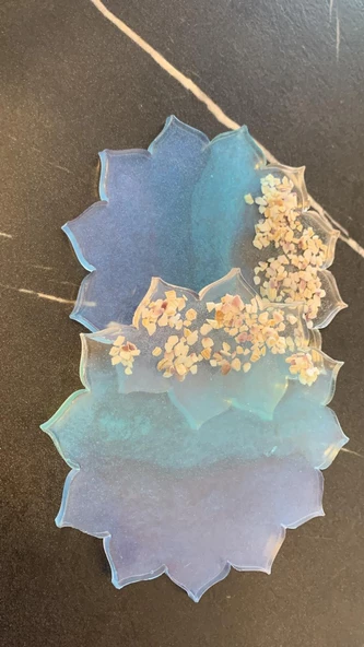 Su Mavisi Ve Yeşili Renkli Deniz Kabuklu Güneş Şekil Epoksi Bardak Altlığı El Yapımı Hediyelik - 4