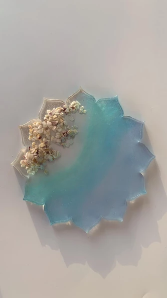 Su Mavisi Ve Yeşili Renkli Deniz Kabuklu Güneş Şekil Epoksi Bardak Altlığı El Yapımı Hediyelik - 5