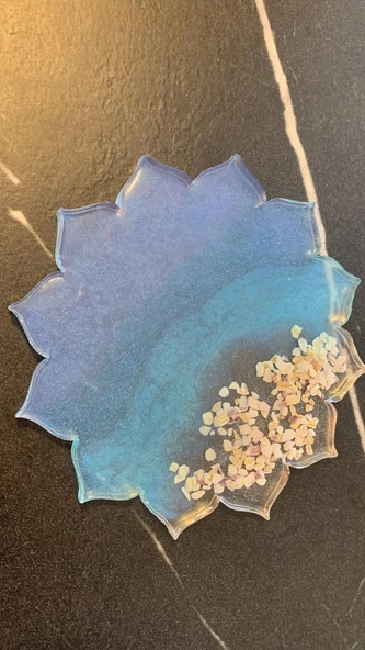 Su Mavisi Ve Yeşili Renkli Deniz Kabuklu Güneş Şekil Epoksi Bardak Altlığı El Yapımı Hediyelik - 6