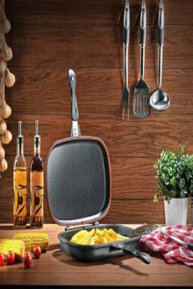 Schafer Kare Double Grıll Pan 34 Cm Kare Çift Taraflı Tava 2 Parça Siyah - 2