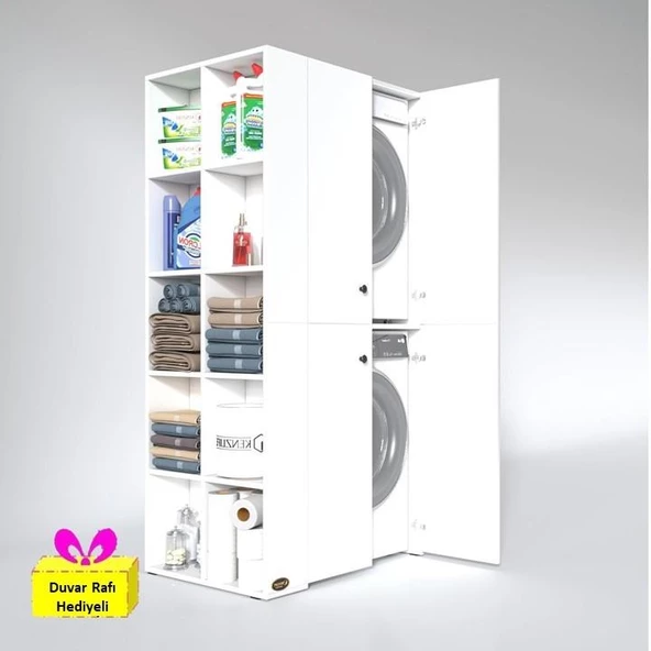 Kenzlife çamaşır-kurutma makinesi dolabı kapaklı fedyenka sol byz 180*090*60 banyo arkalıksız + tekli duvar rafı hediyeli
