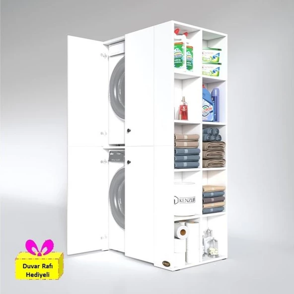 Kenzlife çamaşır-kurutma makinesi dolabı kapaklı fedyenka byz 180*090*60 banyo arkalıksız + tekli duvar rafı hediyeli