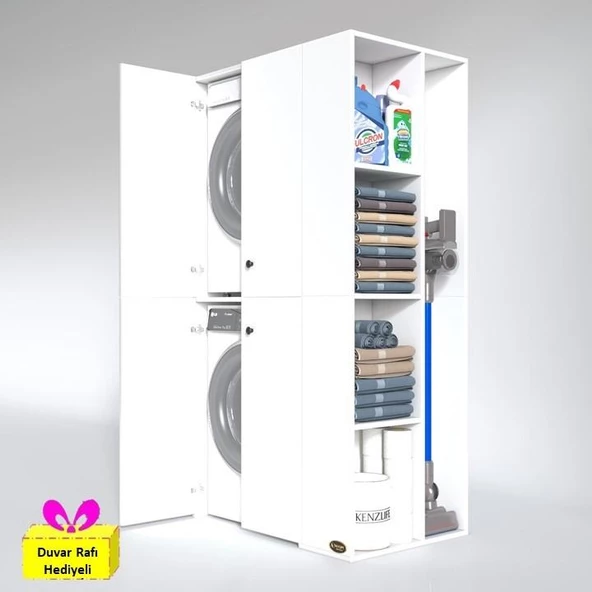 Kenzlife çamaşır-kurutma makinesi dolabı kapaklı foka byz 180*090*60 banyo arkalıksız + tekli duvar rafı hediyeli