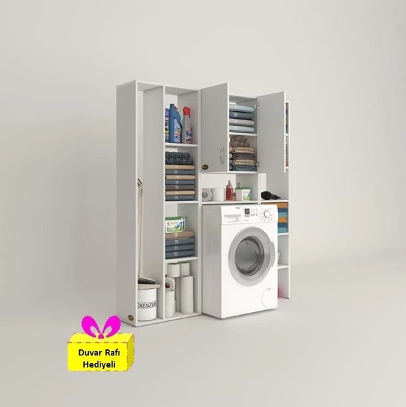 Kenzlife çamaşır makinesi dolabı veronikamega byz 180*156*20 banyo arkalıksız raflı + tekli duvar rafı hediyeli