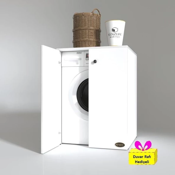 Kenzlife çamaşır makinesi dolabı kapaklı tatyana byz 90*70*60 banyo ofis arkalıksız + tekli duvar rafı hediyeli