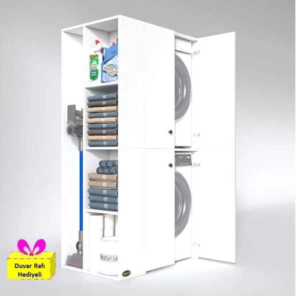 Kenzlife çamaşır-kurutma makinesi dolabı kapaklı foka sol byz 180*090*60 banyo arkalıksız + tekli duvar rafı hediyeli