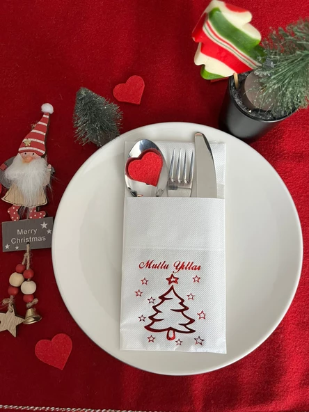 Kırmızı Yaldızlı Beyaz Mutlu Yıllar Cepli Aır Touch Peçete 12 lı 40x40