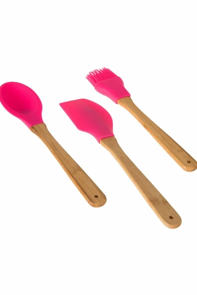 Ün-Ev 3'lü Bambu Saplı Silikon Kaşık -Spatula-Fırça Mutfak Seti