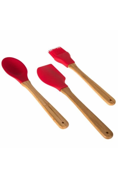 Ün-Ev 3'lü Bambu Saplı Silikon Kaşık -spatula-fırça Mutfak Seti