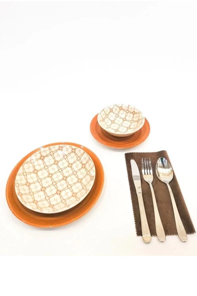 ERGENÇLER Tulü Porselen Kızıl Kahve Kombin 24 Parça Porselen Yemek Takımı