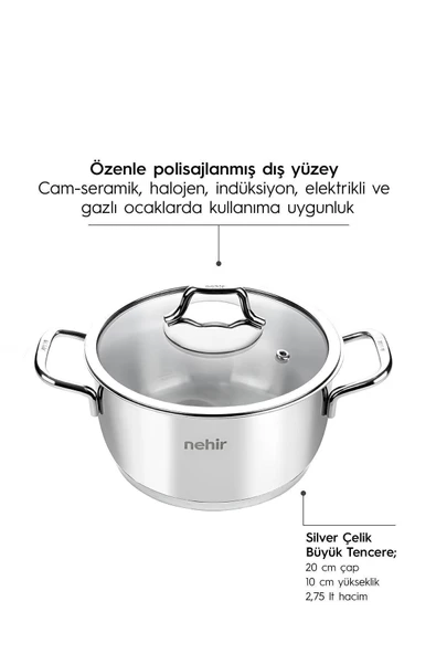 Nehir Silver Klasik 6 Parça Derin Çelik Tencere Seti - 7