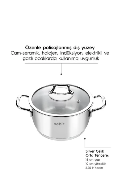 Nehir Silver Klasik 6 Parça Derin Çelik Tencere Seti - 4