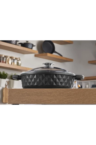 Taç Bella Cam Kapak Döküm Basık Tencere 26 Cm Siyah - Resim 3