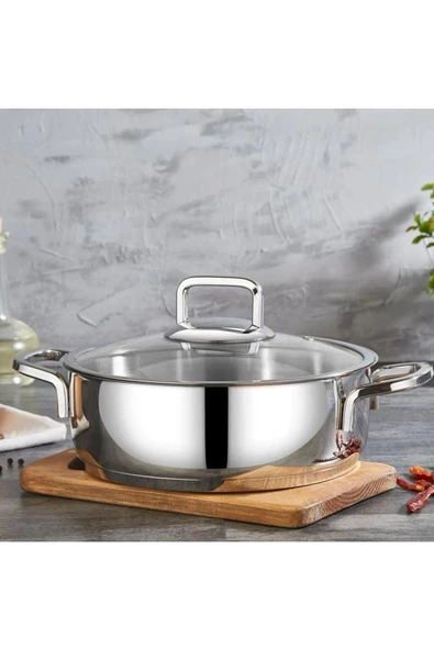 Falez Vento Extra Kalın Cam Kapaklı 3 lü Çelik Sahan Seti - Büyük Boy ( 20-22-24cm ) - 3