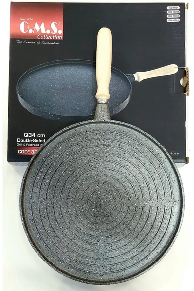 OMS Granit 34cm Çift Taraflı Döküm Grill Gözleme Tava -Gri