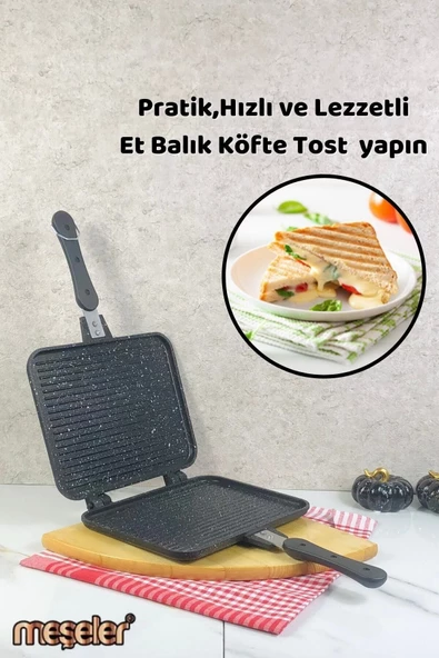 MEŞELER Ocak Üstü Granit Döküm El Tost ve Çok Amaçlı Grill Tava Siyah