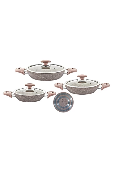 OMS 3004 - 6 Parça, Bio Granit, Yapıştırmaz, (18-20-22 CM) Sahan Seti, Sütlü Kahve Gövde Ve Detay - 2