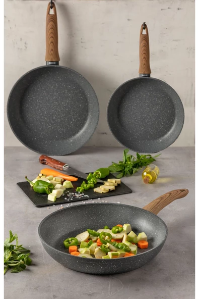 Leydi Natura Marble XL Büyük 3lü Granit Tava Seti  26-28-32cm - Resim 3