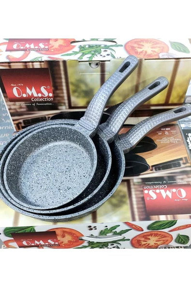 OMS 3737 Fry Pan Döküm Granit Kaplamalı  3 Parça Tava Seti Gri (20-24-28 cm)