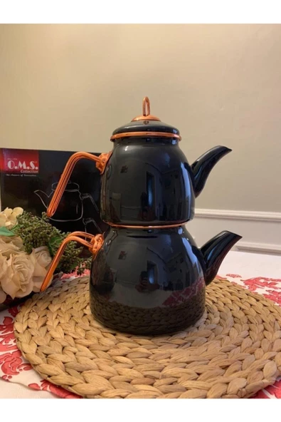 OMS Emaye Çaydanlık Takımı- Koyu Gri - Resim 2