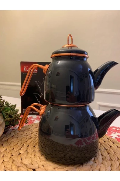 OMS Emaye Çaydanlık Takımı- Koyu Gri - Resim 3