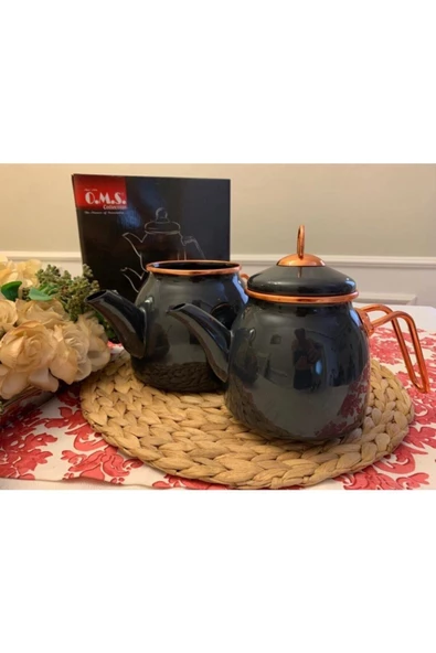 OMS Emaye Çaydanlık Takımı- Koyu Gri - Resim 4