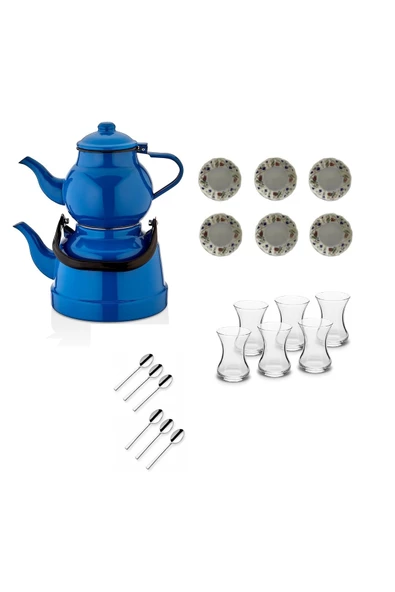 Ebru Metal 22 Parça Lalenaz Emaye Nostaljik Orta Boy Çaydanlık  Ve Çay Seti Takımı