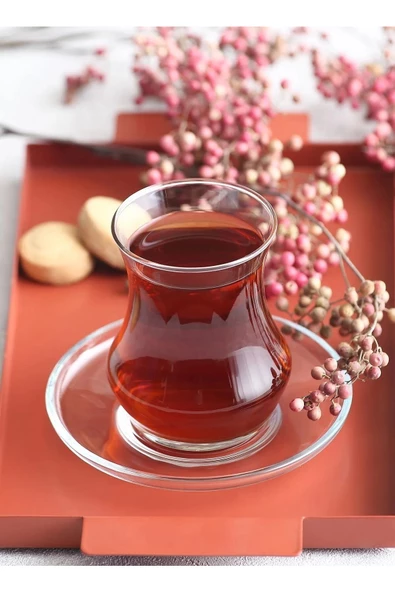 LAV 24 Parça Eda MOR Hercai Porselen ve Cam Tabaklı Çay Bardağı Çay Takımı Seti - 2