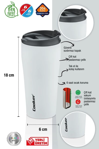 Cooker 0,40 ml Çift Kat Paslanmaz Çelik Termos ( Çay Kahve Piknik Kamp Outdoor Ofis Otel Kafe Okul )-beyaz