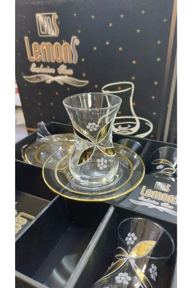 Lemons Yonca Lüx 12 Parça Yaldızlı Taşlı Çay Seti