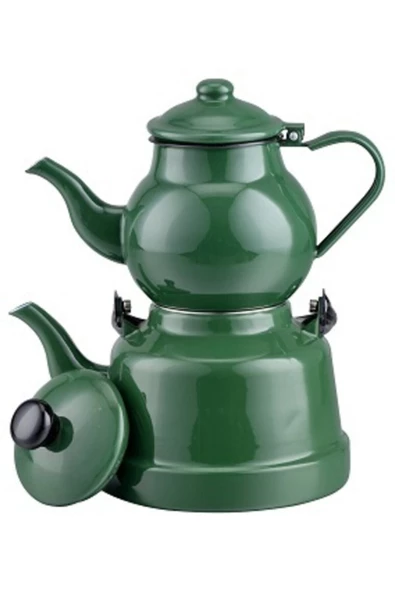 Ebru Metal Yeşil Emaye Nostaljik Orta Boy Çaydanlık Takımı - 1