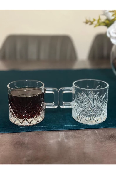 Paşabahçe 12 Parça Kare Timeless Çerezlik ve Kulplu Cam Fincan Çay ve Bardak Seti - 2