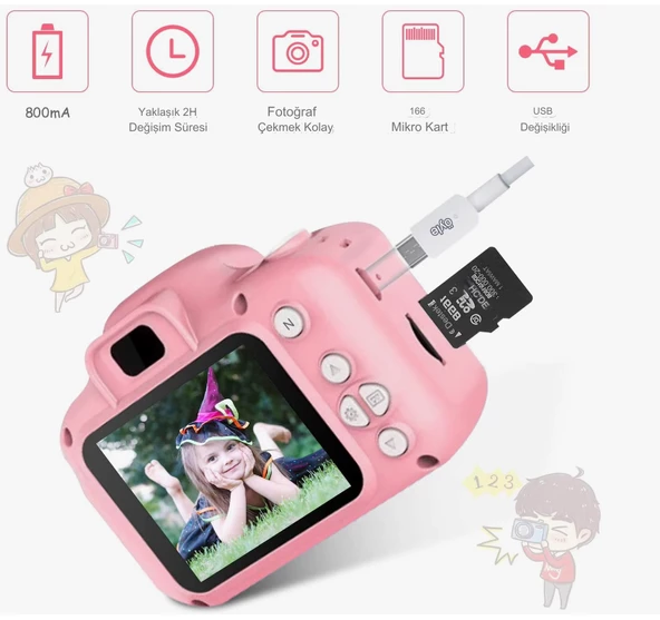 Mini Fotoğraf Makinesi Çocuk İçin Eğitici Video Kamera 1080p Hd Ekran Digital Usb Şarjlı Lens Camera - 2