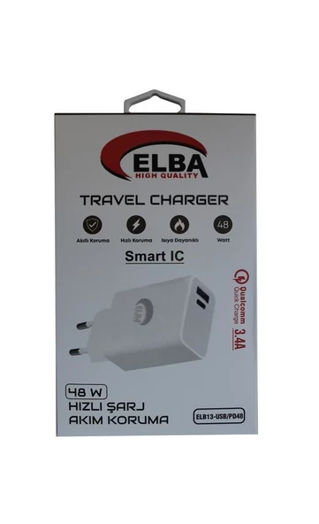 Elba ELB13 Elb-48w 3.4A USB/Pd48 (Usb+Type-C) Akıllı Koruma/ Isıya Dayanklı Hızlı Şarj Ev