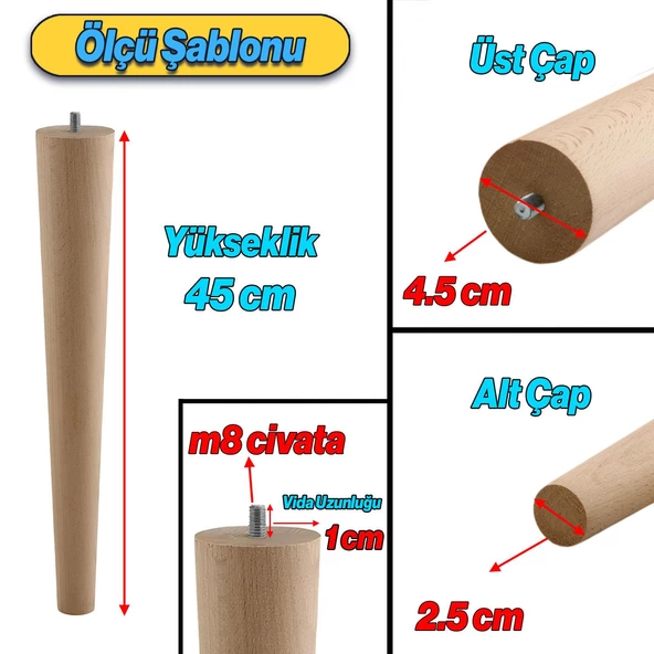 4 Adet Aparatlı Ahşap Mobilya Ayağı 45 cm Sehpa Zigon Orta Masa Puf Tabure Tv Ünitesi Ayakları M8