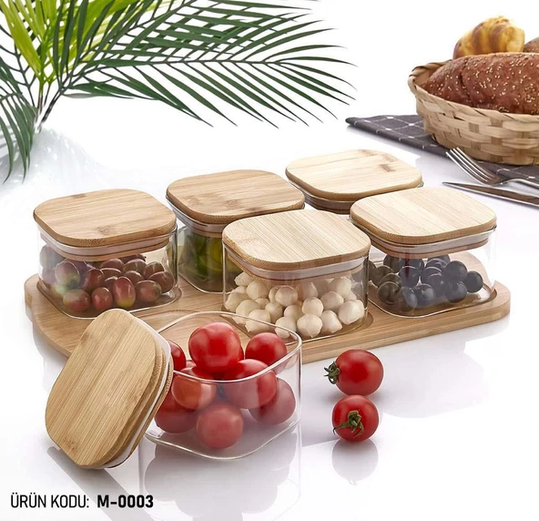 Bambu Tepsili Kahvaltılık Bambu Kapaklı Hava Almaz İnce Cam 6lı ürün görseli