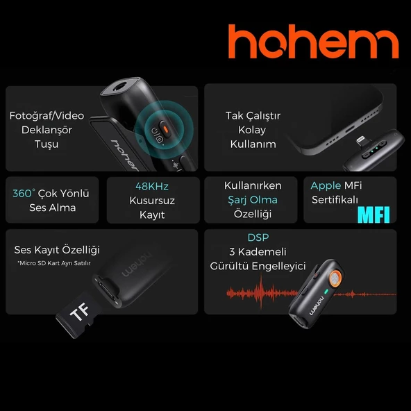 Hohem MIC-01 Wireless 2 Kişilik Yaka Mikrofonu (Lightning) - Resim 5
