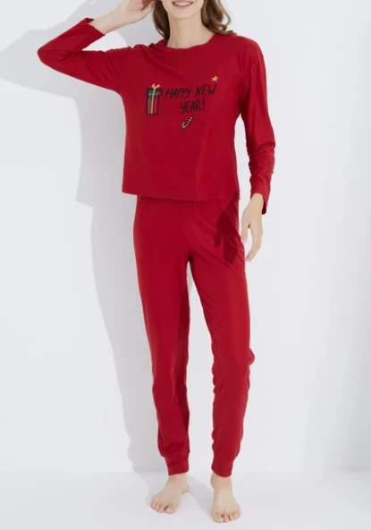 Siyah İnci Yılbaşı Temalı Kırmızı Hediye Paketi Nakışlı Jogger Örme Pijama Takım