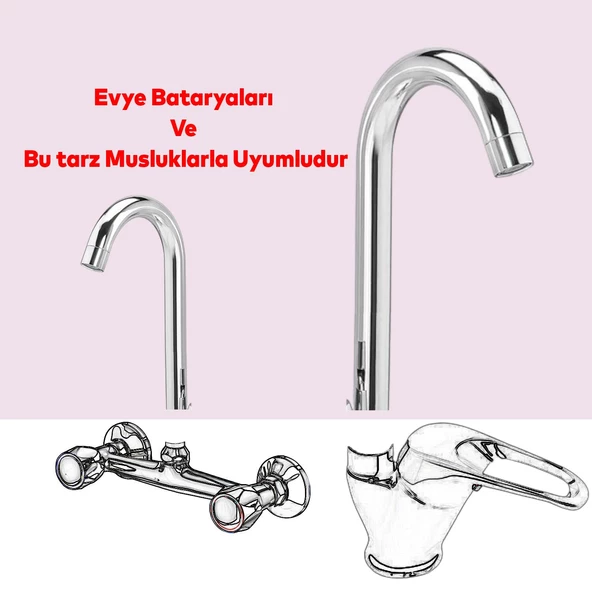 Lavabo Mutfak Musluk Batarya Kuğu Metal Lüks Uzun Evye Borusu Krom Su 360° Dönen Kaliteli Dayanıklı - 2