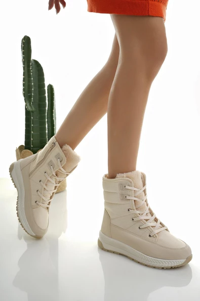 Muggo LOREN Garantili Kadın Tırtıklı Taban İçi Kürklü Bağcıklı Fermuarlı Yağmur ve Kar Botu - 5