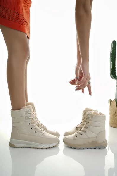 Muggo LOREN Garantili Kadın Tırtıklı Taban İçi Kürklü Bağcıklı Fermuarlı Yağmur ve Kar Botu - 8